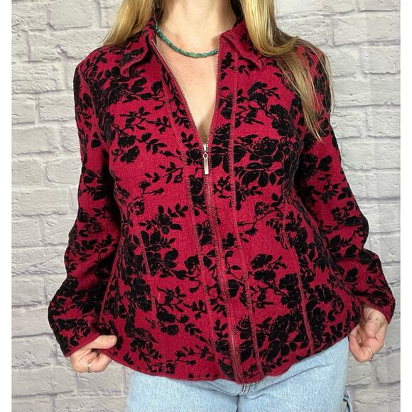 Sara Isabella Felted Wool Blend Shacket/Zip Up Sweater with Velour Embossing - Picture 5 of 9